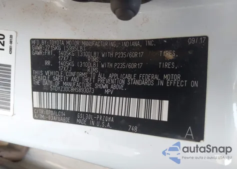 2017 Toyota Sienna Xle 8 Passenger z USA, uszkodzony, nr VIN 5TDYZ3DC8HS893073